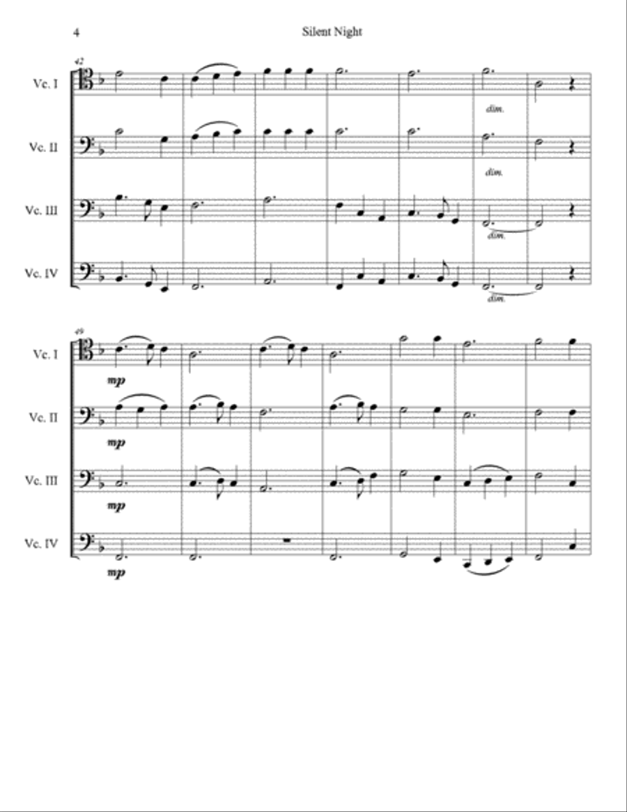 Silent Night (Cello Quartet) String Quartet scores gallery preview page 5