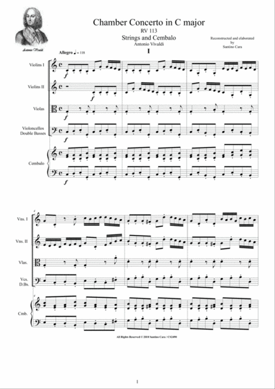 Vivaldi - Chamber Concerto in C major RV 113 for Strings and Cembalo Chamber Orchestra scores gallery preview page 1