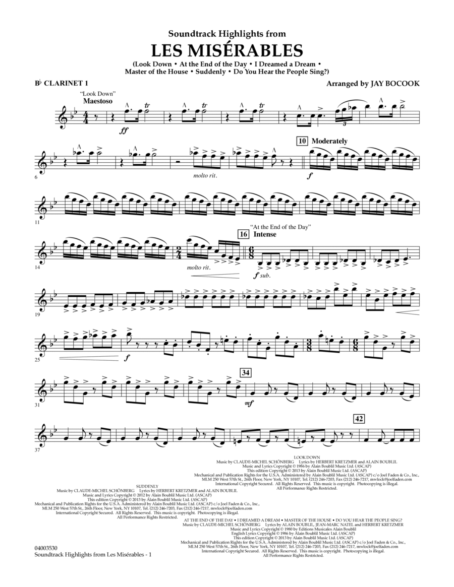 Soundtrack Highlights from Les Miserables - Bb Clarinet 1 Concert Band scores gallery preview page 1