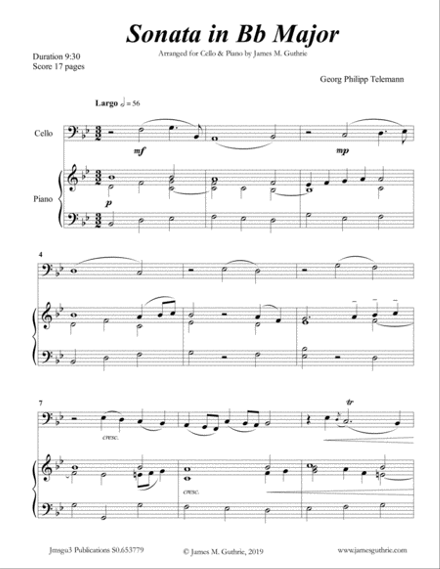 Telemann: Sonata in Bb Major for Cello & Piano Piano scores gallery preview page 1
