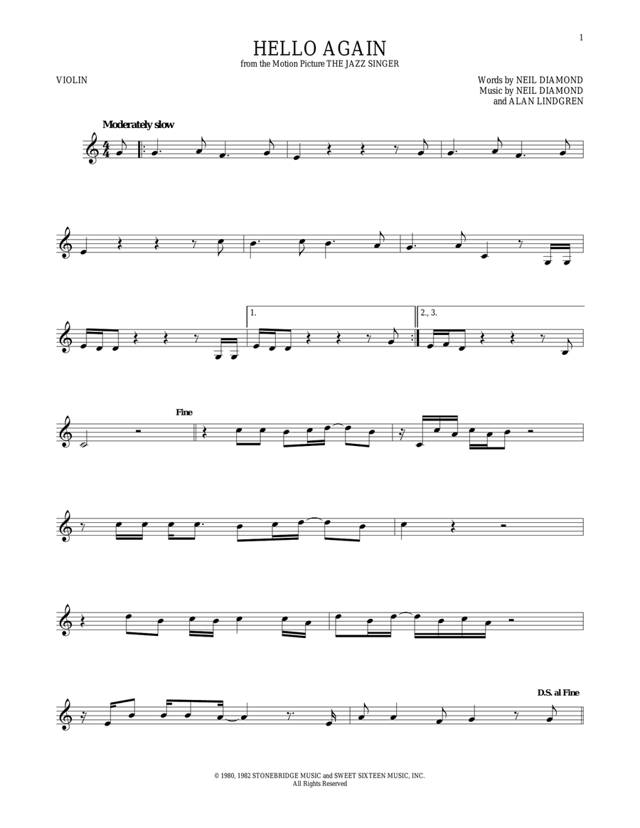 Hello Again Hello Again Violin Solo scores gallery preview page 1