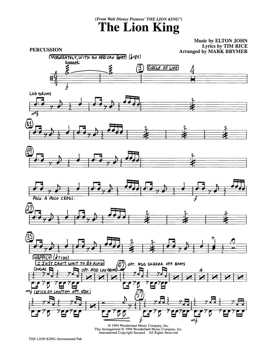 The Lion King (Medley) (arr. Mark Brymer) - Percussion Choir scores gallery preview page 1