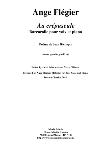 Ange Flégier: Au crépuscule for baritone voice and piano