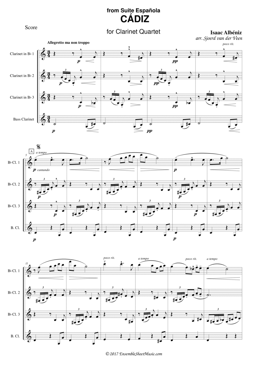 Cadiz from Suite Española Clarinet Quartet scores gallery preview page 1