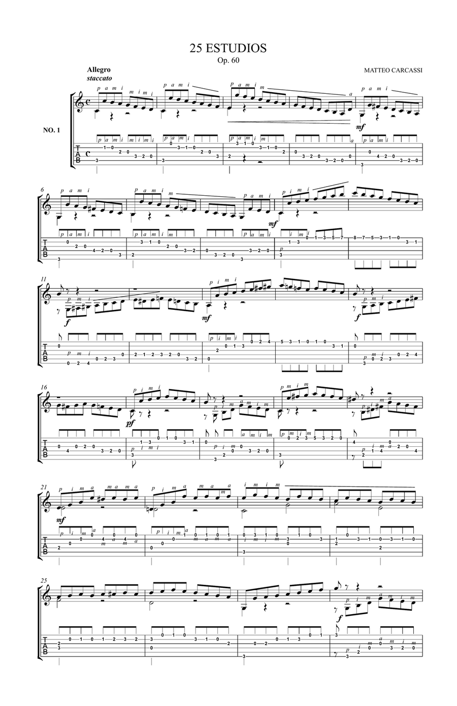 25 STUDIES FOR THE GUITAR, MATTEO CARCASSI OPUS 60 Acoustic Guitar scores gallery preview page 1