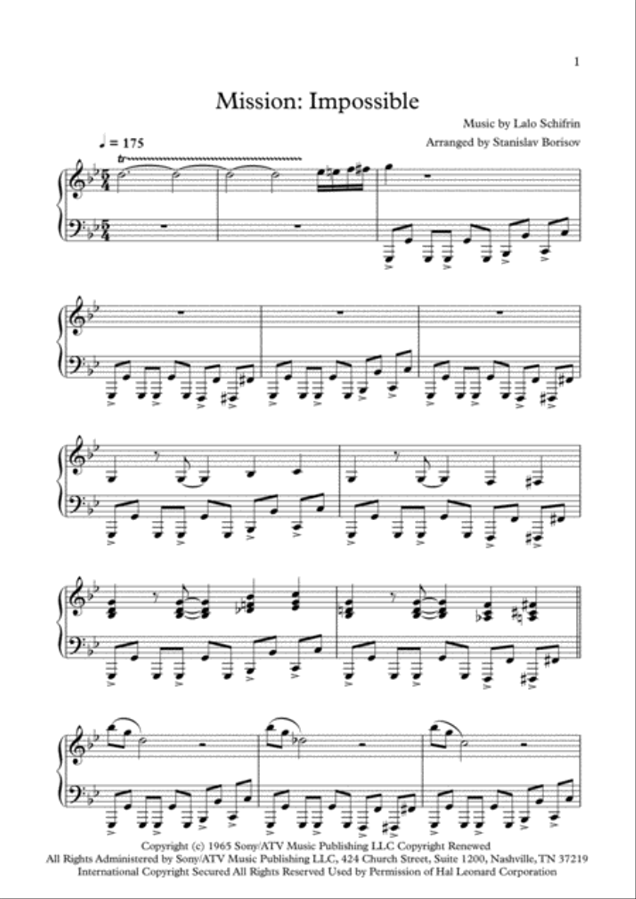 Mission: Impossible Theme from the Paramount Television Series MISSION: IMPOSSIBLE Piano Solo scores gallery preview page 1
