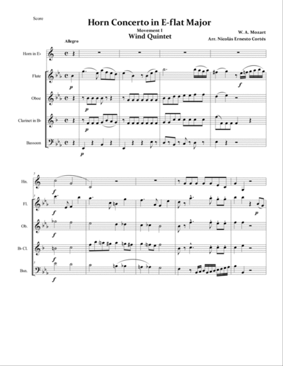 Mozart - Horn Concerto No. 3 Movement 1 - Wind Quintet Woodwind Quintet scores gallery preview page 2