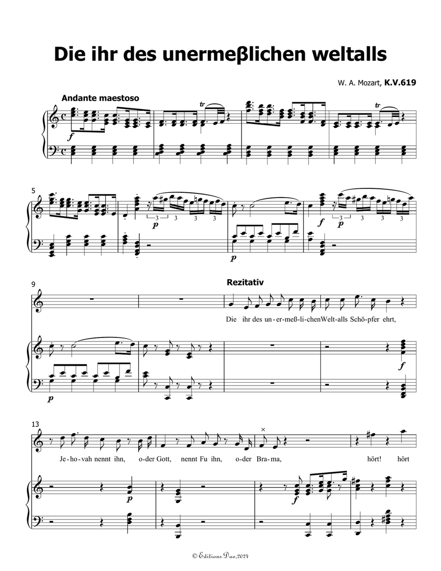Die ihr des unermeβlichen weltalls, by Mozart, K.V.619, in C Major Piano, Vocal scores gallery preview page 3