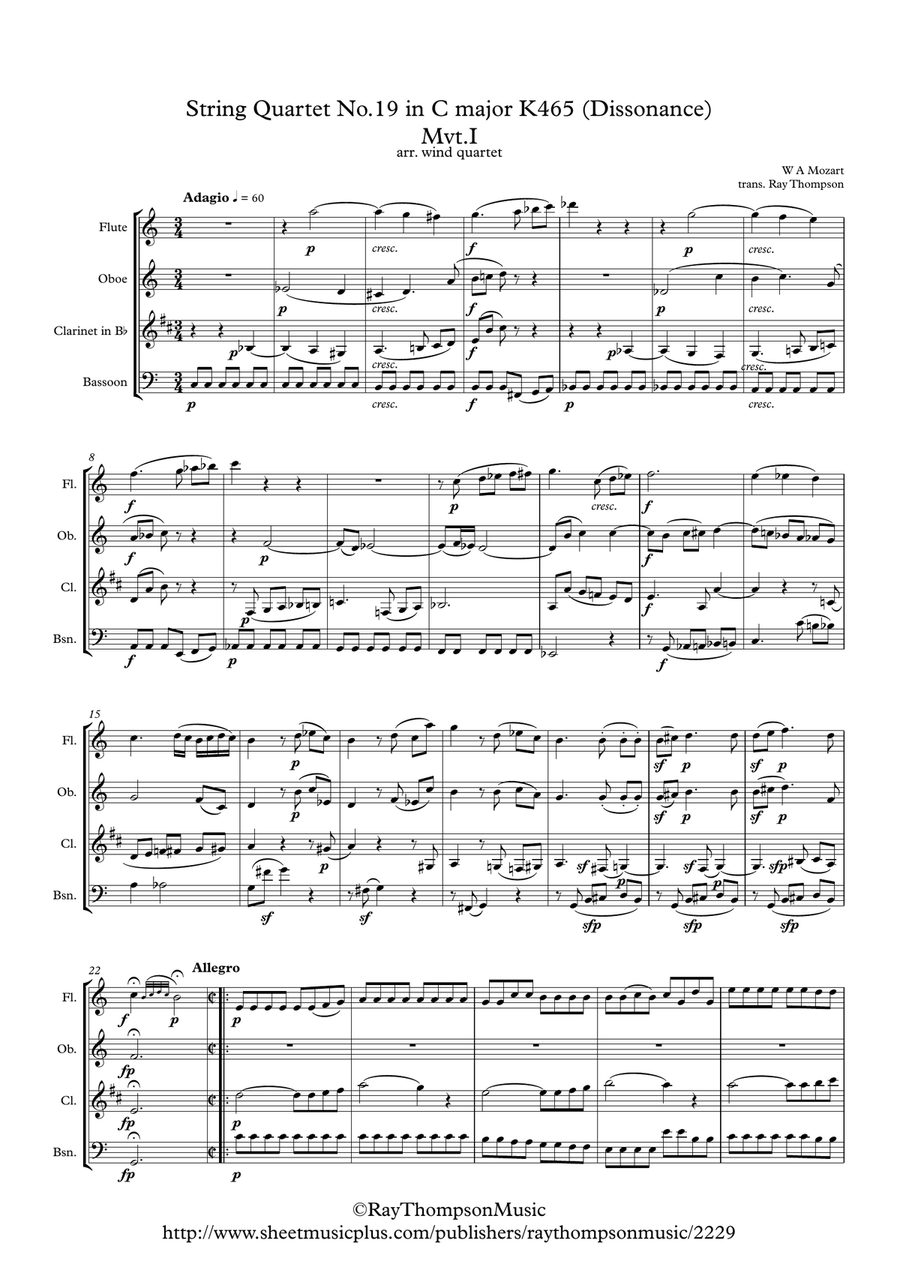 Mozart: String Quartet No.19 in C major K465 (Dissonance) Mvt.I Adagio/Allegro - wind quartet Woodwind Quartet scores gallery preview page 1