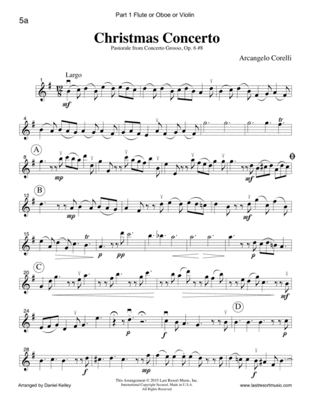 Christmas Concerto (Concerto Grosso Op. 6 #8) for Piano Quartet (Violin, Viola, Cello, Piano) Set of