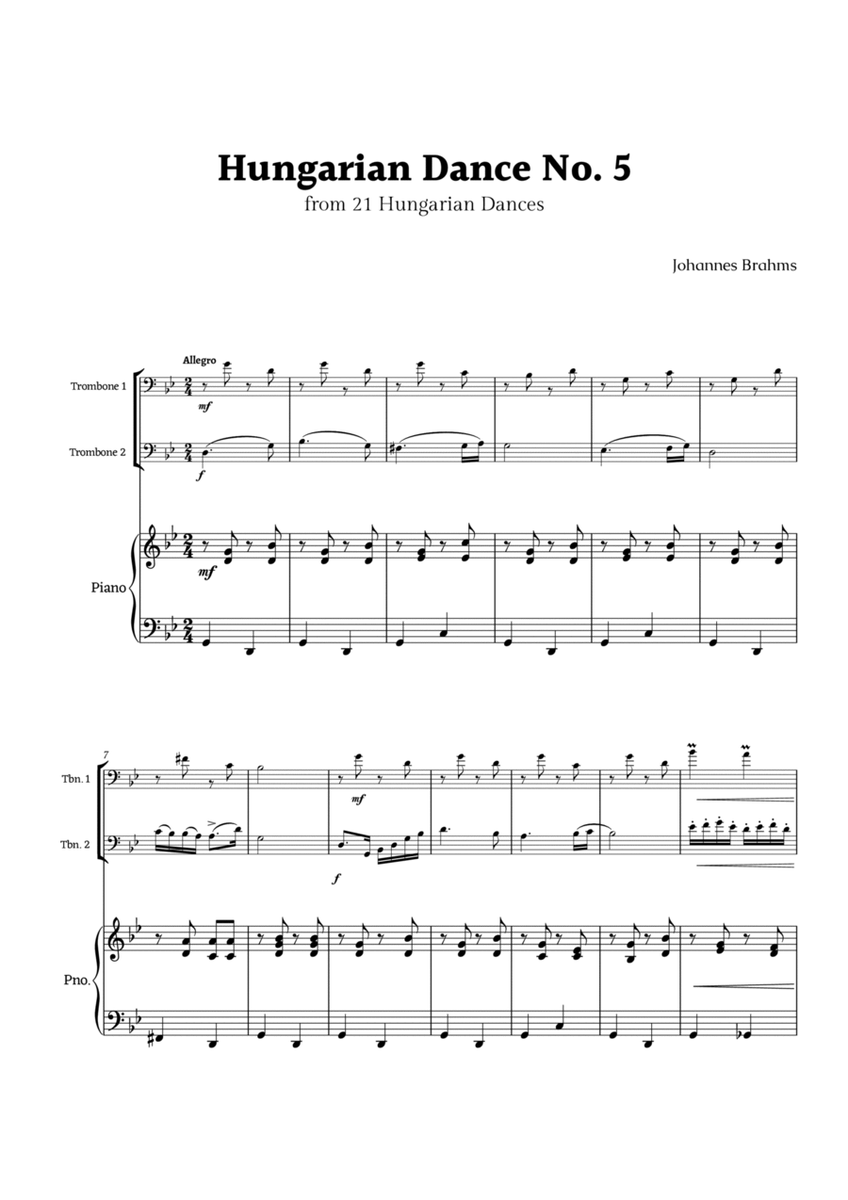 Hungarian Dance No. 5 by Brahms for Trombone Duet and Piano image number null