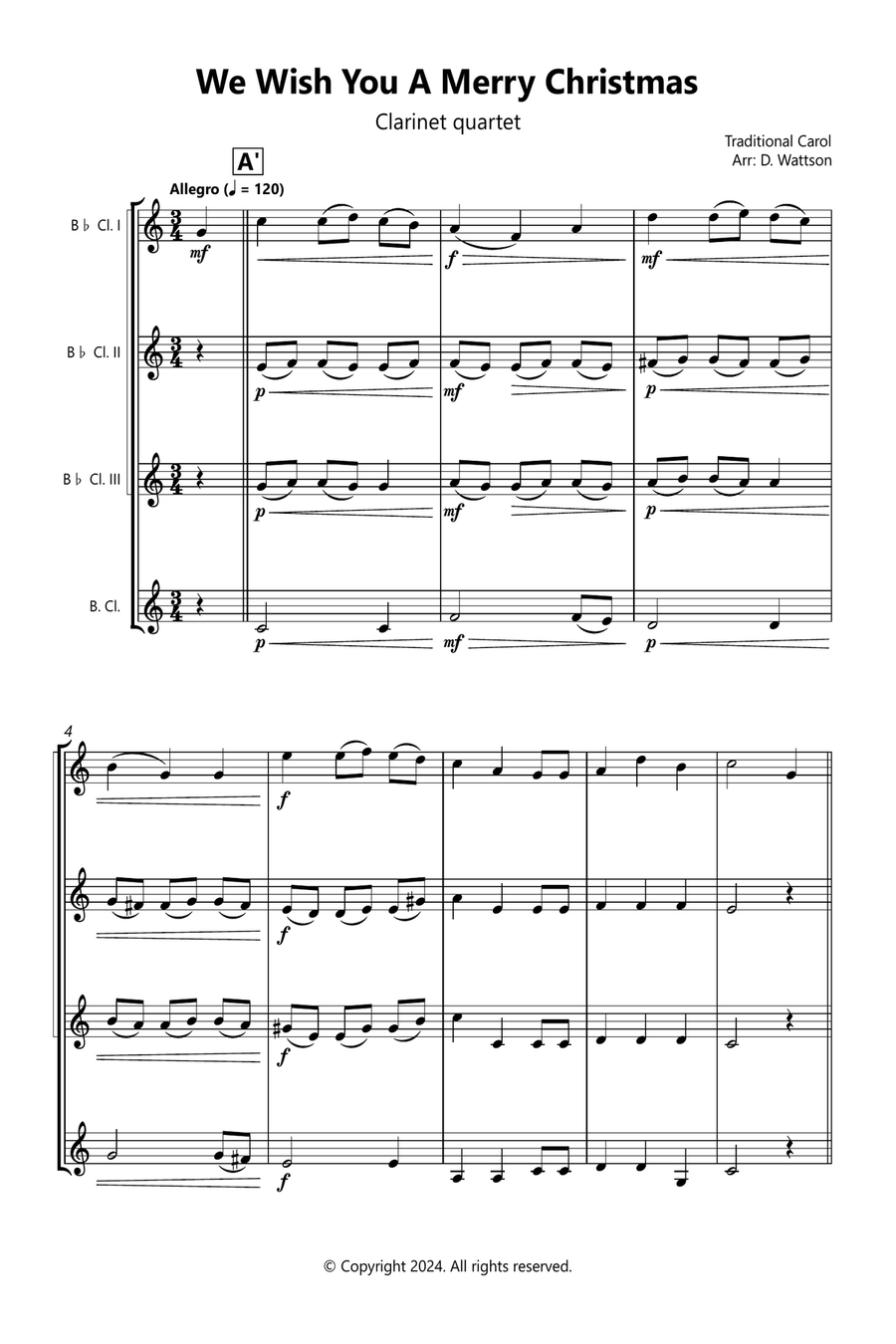 We Wish You A Merry Christmas Clarinet Quartet scores gallery preview page 1