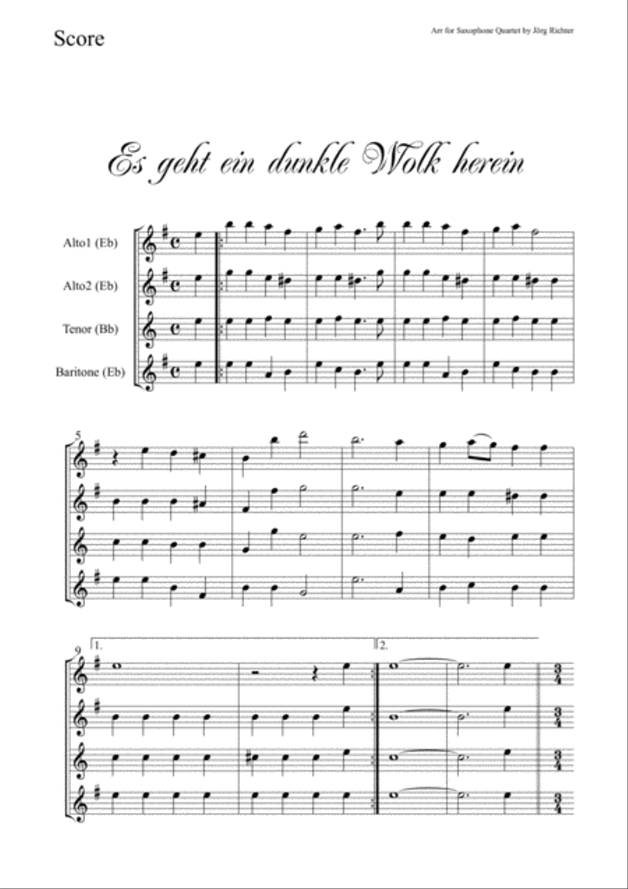 Es geht ein dunkle Wolk herein (A dark cloud enters) for Saxophone Quartet Saxophone Quartet scores gallery preview page 2