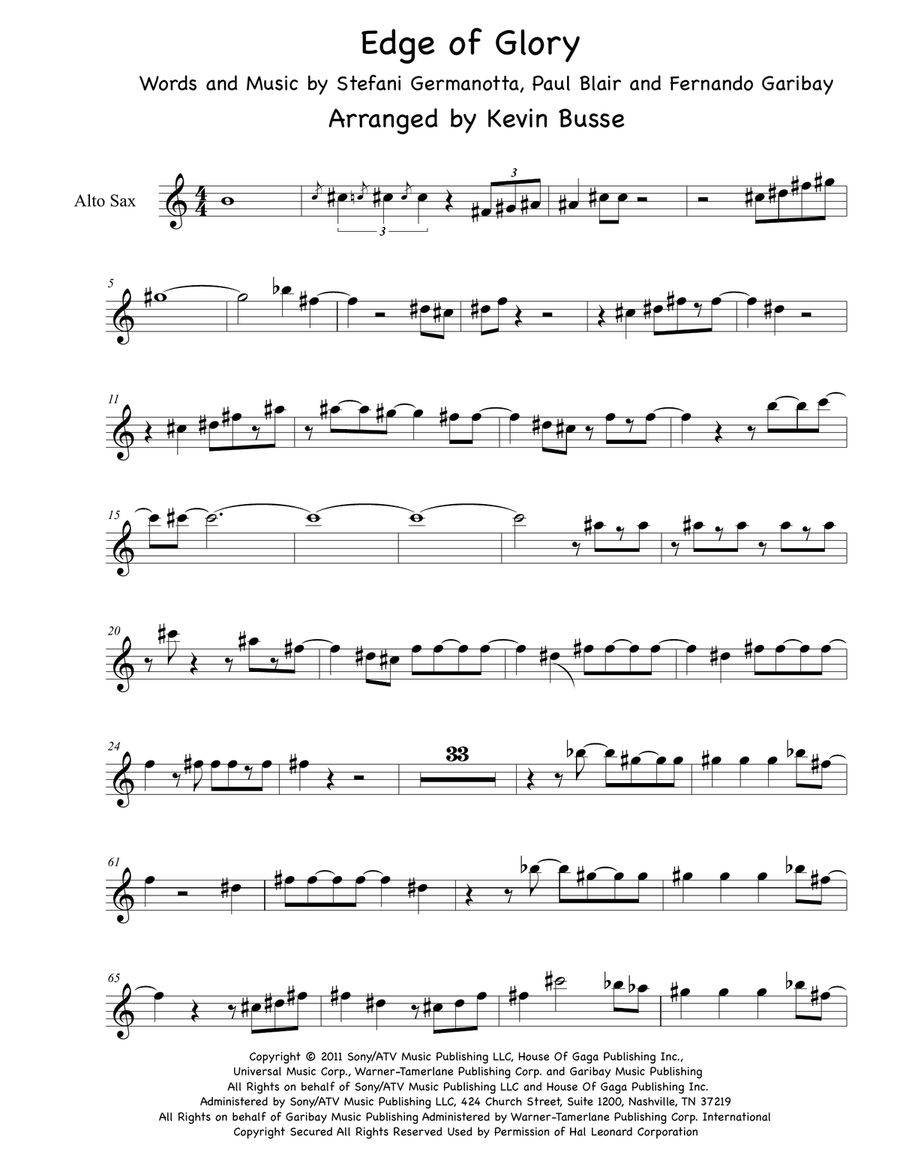 The Edge Of Glory by Lady Gaga Alto Saxophone Digital Sheet