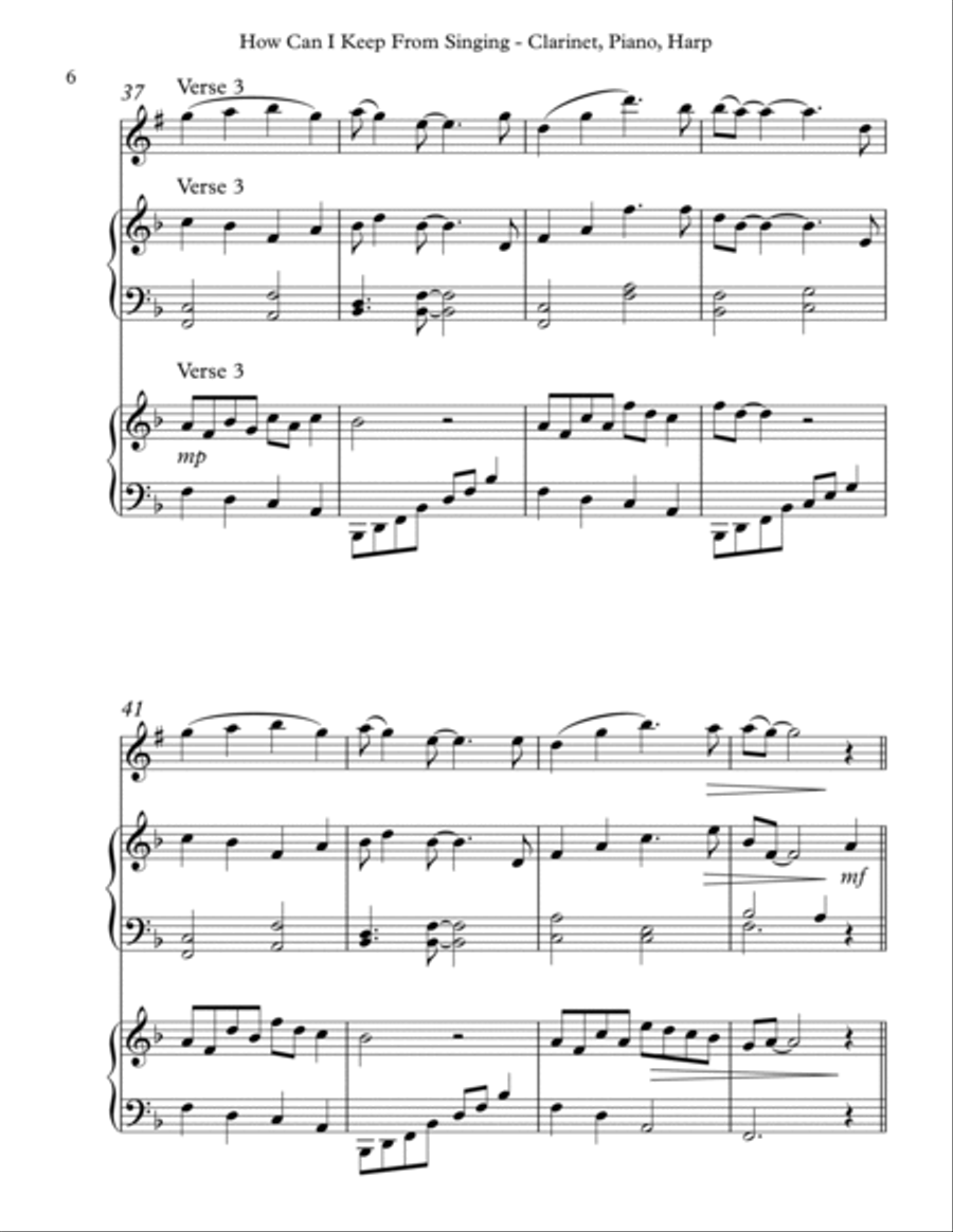 How Can I Keep From Singing, Trio for Bb Clarinet, Piano & Harp B-Flat Clarinet scores gallery preview page 6