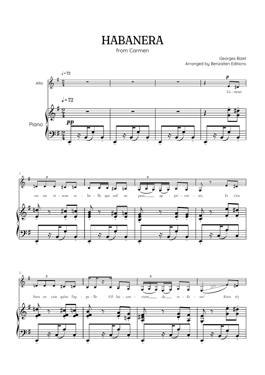 Bizet • Habanera from Carmen in E minor [Em] | alto sheet music with piano accompaniment Alto Voice scores gallery preview page 1