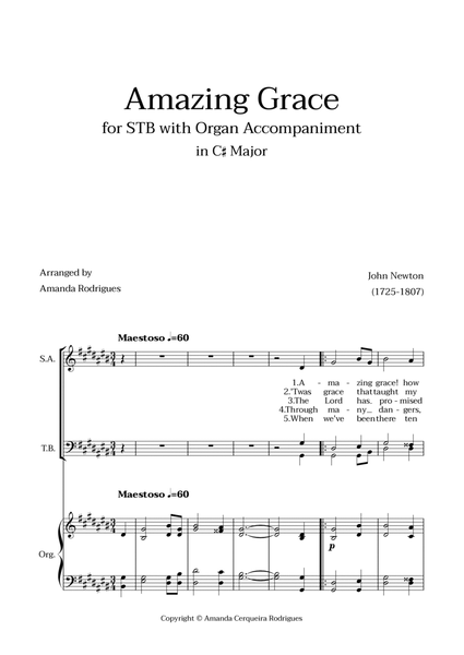 Amazing Grace in C# Major - Soprano, Tenor and Bass with Organ Accompaniment image number null