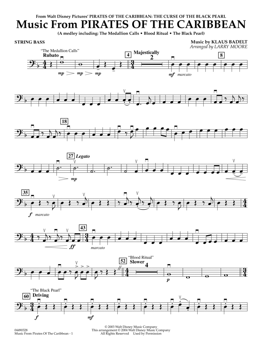 Book cover for Music from Pirates Of The Caribbean (arr. Larry Moore) - String Bass