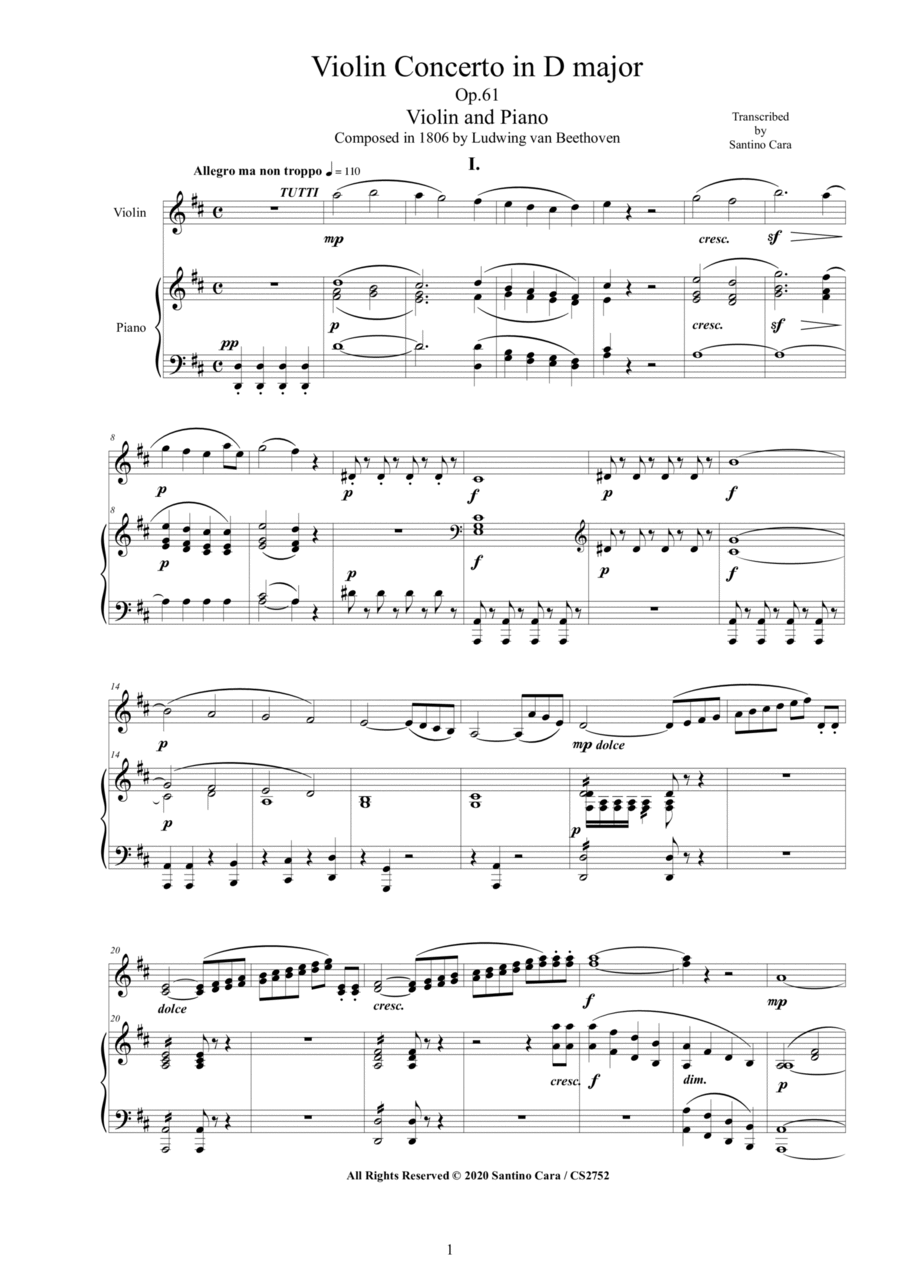Beethoven - Violin Concerto in D major Op.61 for Violin and Piano - Score and Part Violin Solo scores gallery preview page 1
