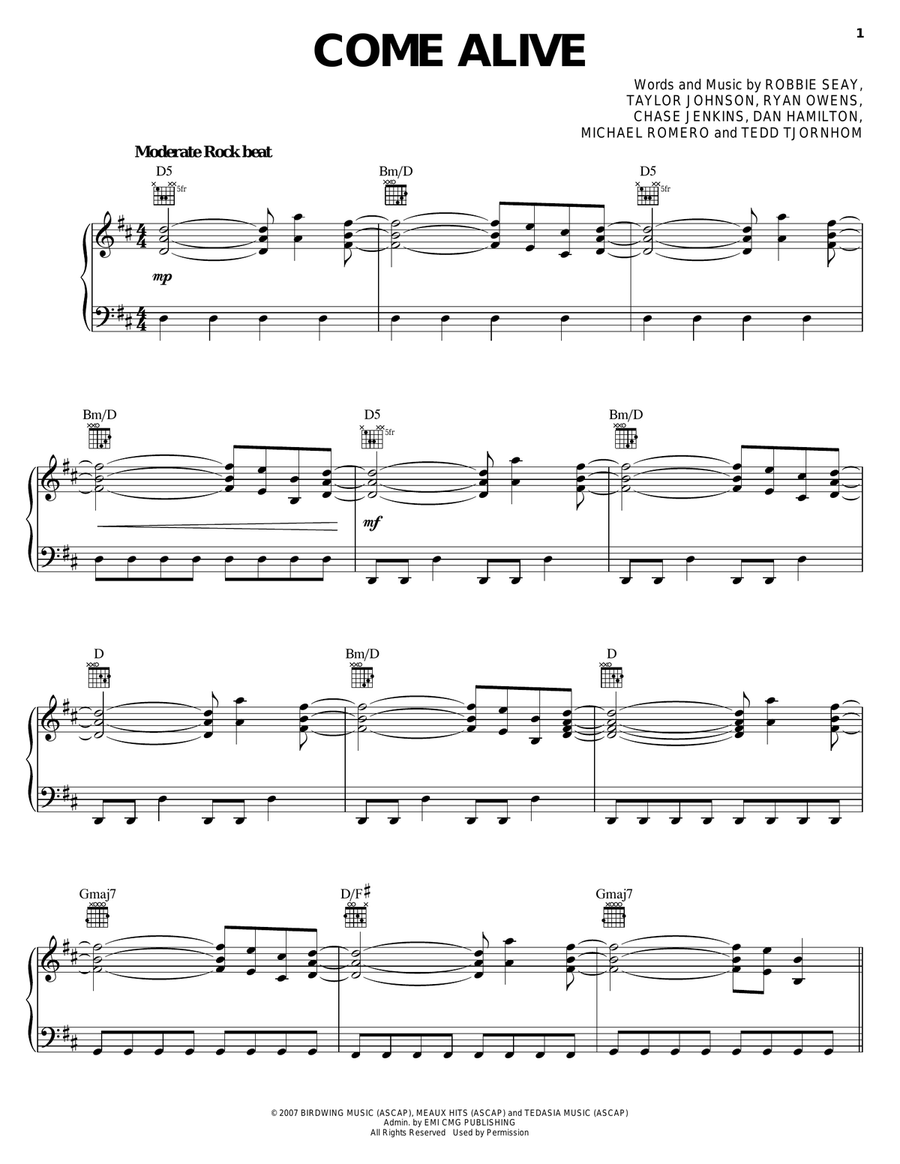 Come Alive Piano, Vocal, Guitar scores gallery preview page 1