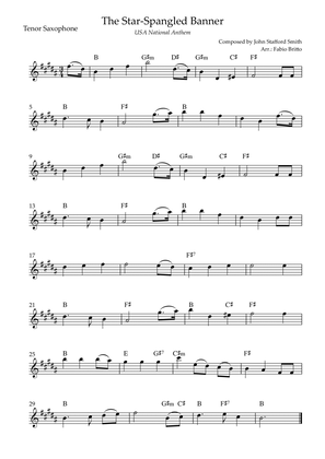 The Star Spangled Banner (USA National Anthem) for Tenor Saxophone Solo with Chords (A Major)