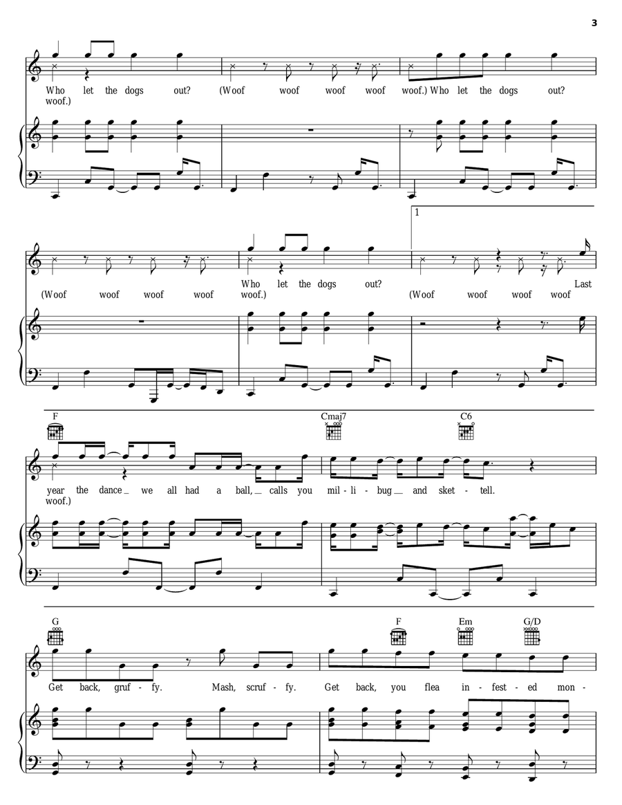 Who Let The Dogs Out Piano, Vocal, Guitar scores gallery preview page 3