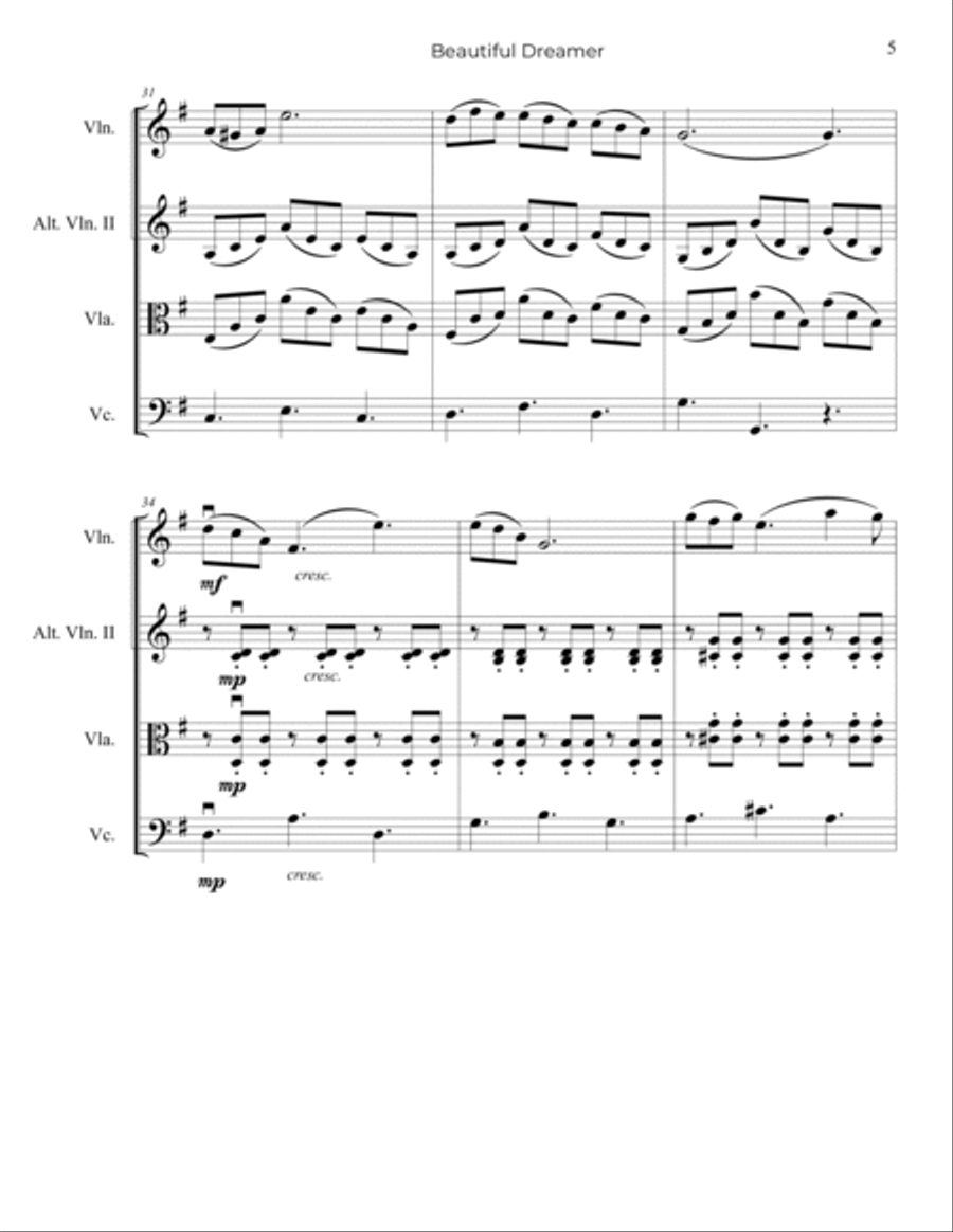 Foster: Beautiful Dreamer - String Trio, or 2 Violins and Cello