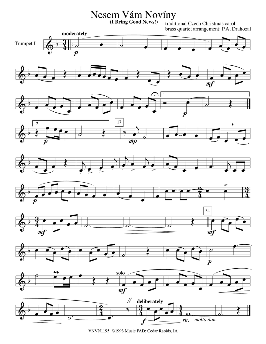 Nesem Vam Noviny (I Bring Good News) Traditional Czech Christmas Carol (for mixed brass quartet) Brass Quartet scores gallery preview page 3
