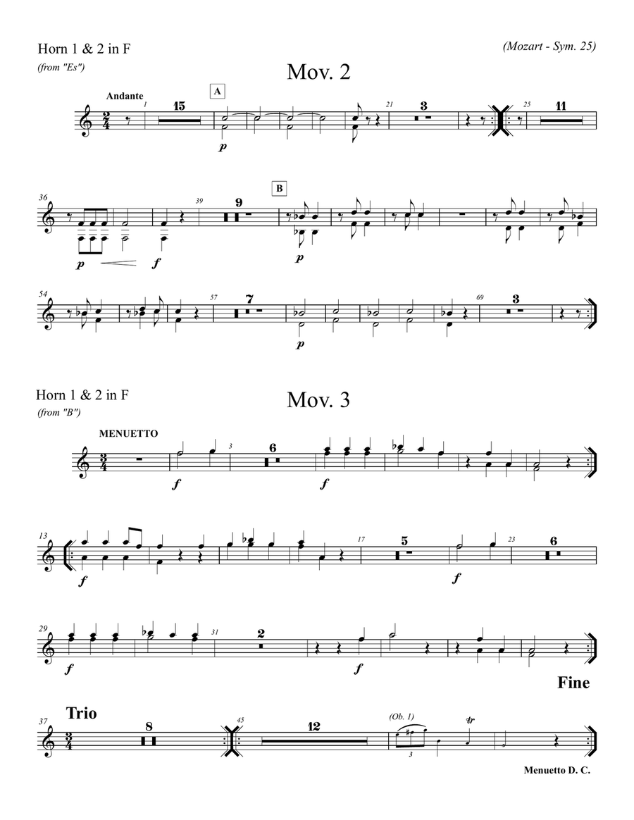 Mozart - Symphony No. 25 in G minor - transposed parts for Horn in F (Hn. 1, 2, 3, 4) Full Orchestra scores gallery preview page 3