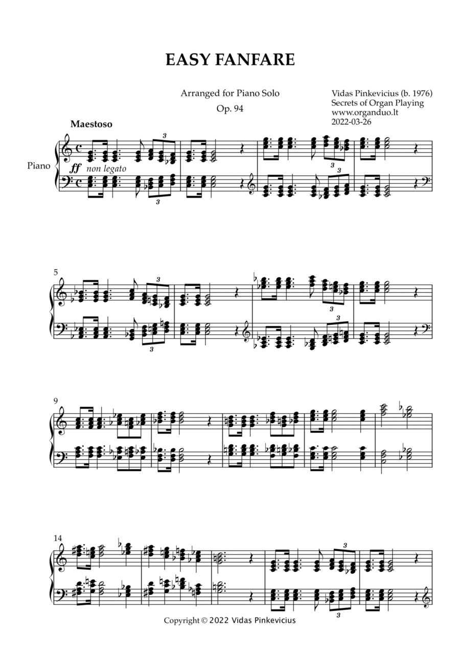 Easy Fanfare, Op. 94 (Piano Solo) by Vidas Pinkevicius (2022) Easy Piano scores gallery preview page 1