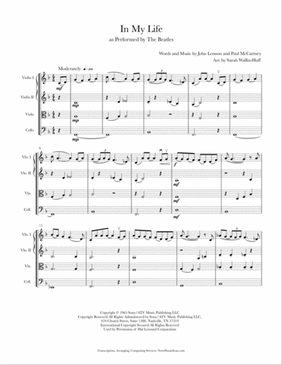 In My Life String Quartet scores gallery preview page 1