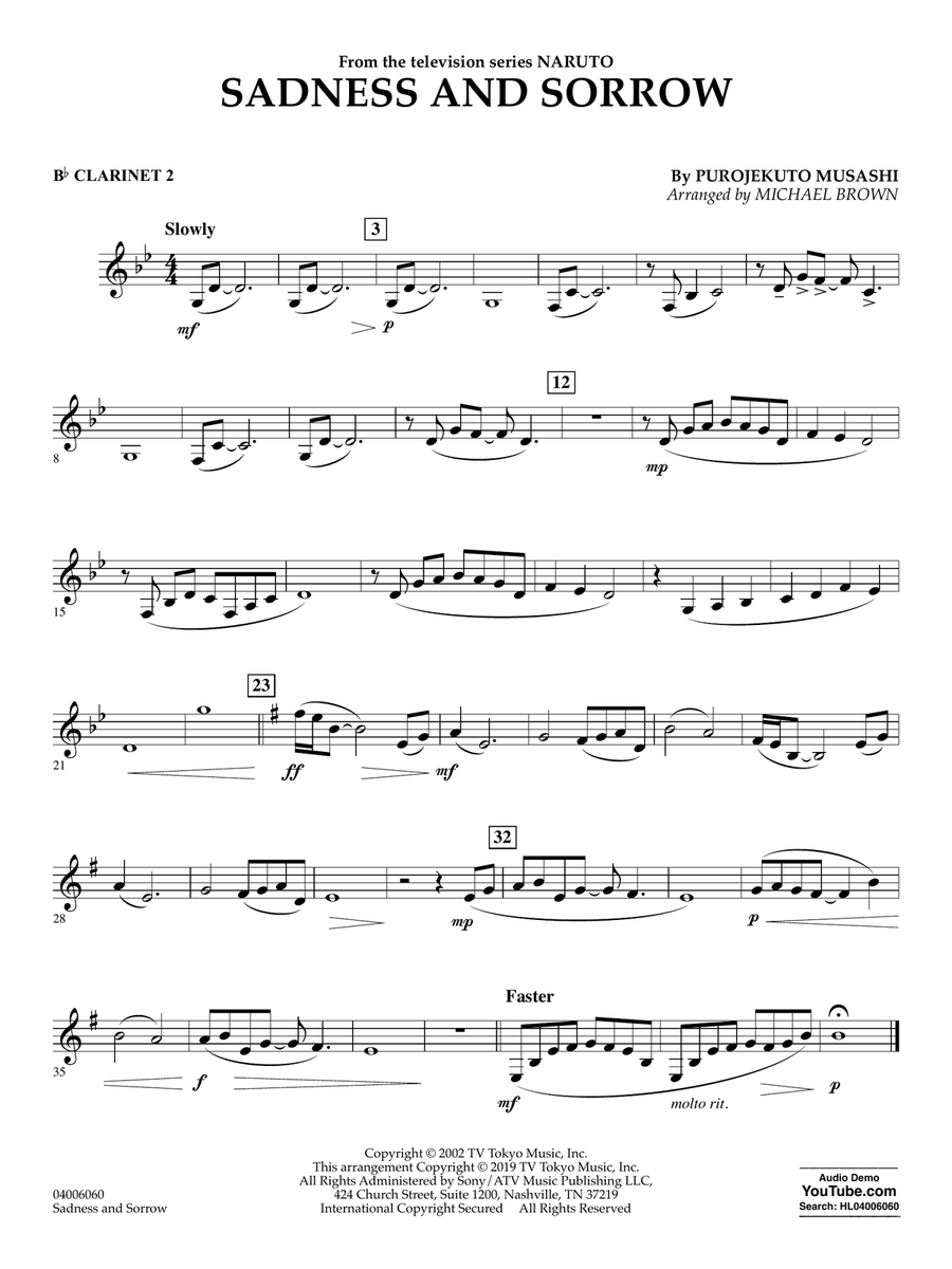 Sadness and Sorrow (from Naruto) (arr. Michael Brown) - Bb Clarinet 2 Concert Band scores gallery preview page 1