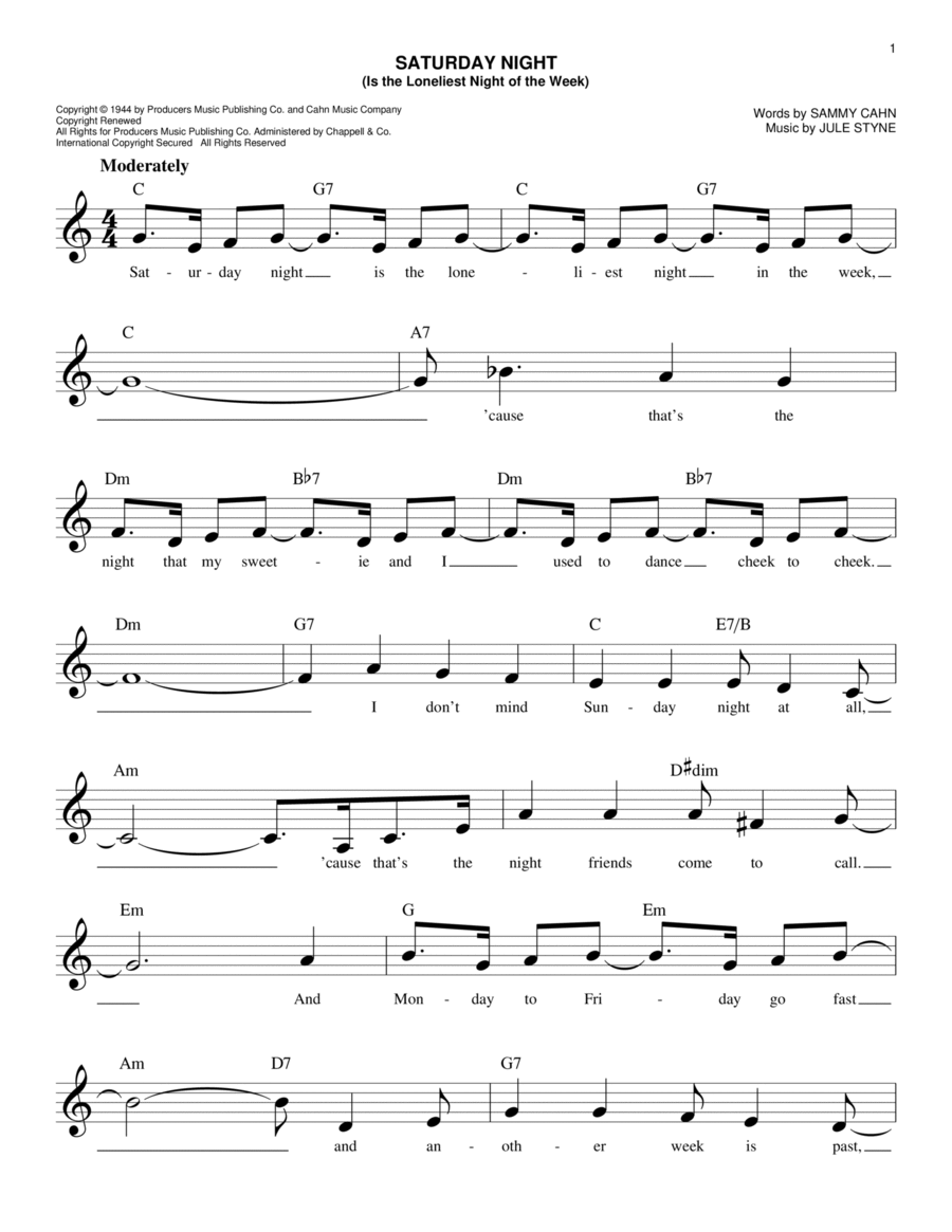 Saturday Night (Is The Loneliest Night Of The Week) Piano scores gallery preview page 1