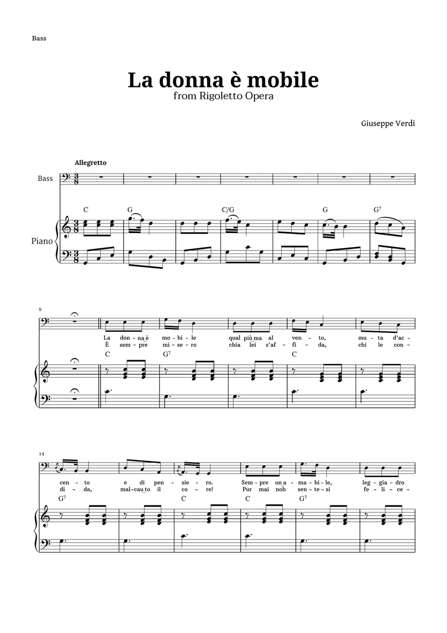 La donna è mobile in C major for Bass and Piano Piano, Vocal scores gallery preview page 1