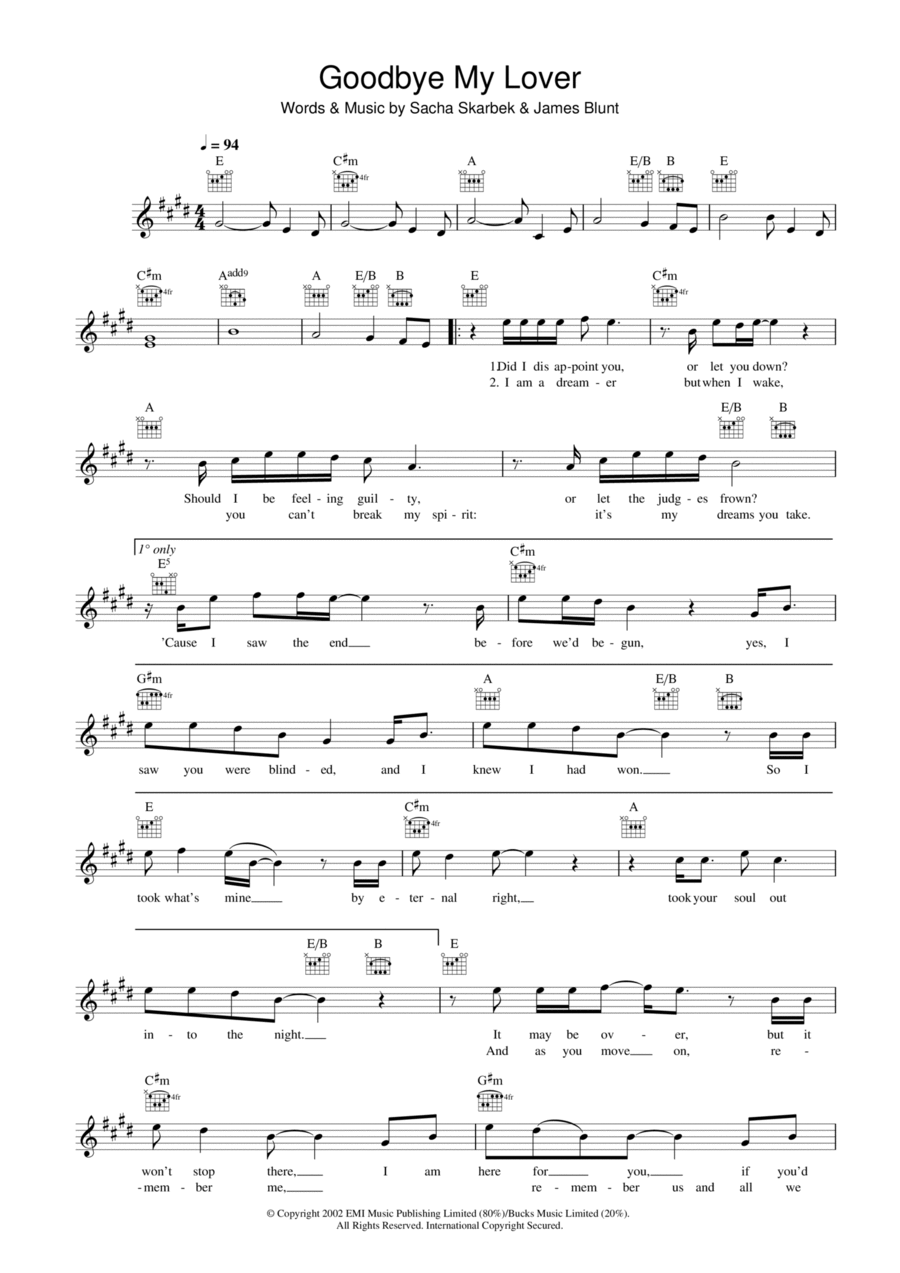 Goodbye My Lover Piano scores gallery preview page 1