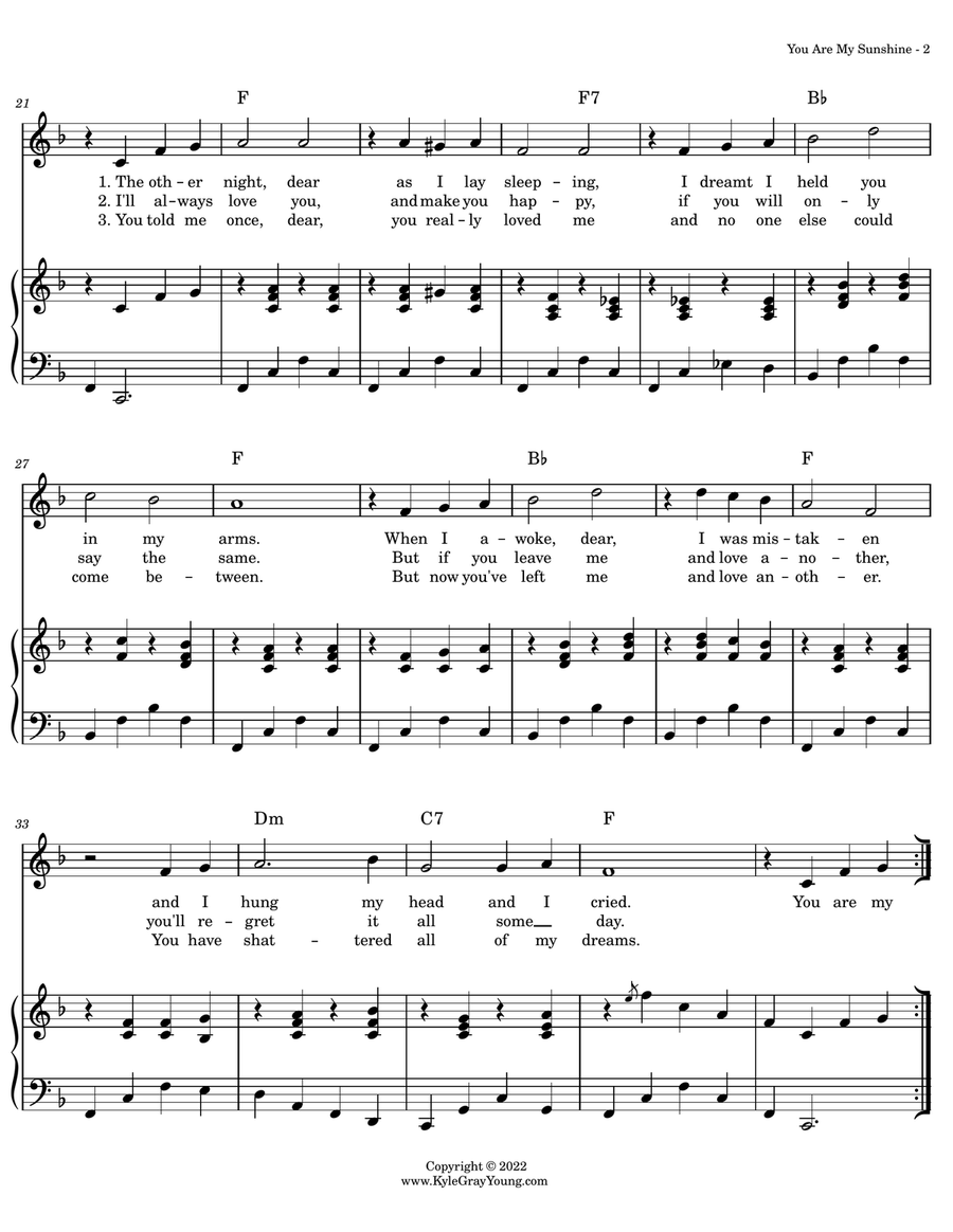 You Are My Sunshine (key of F) Piano, Vocal scores gallery preview page 2