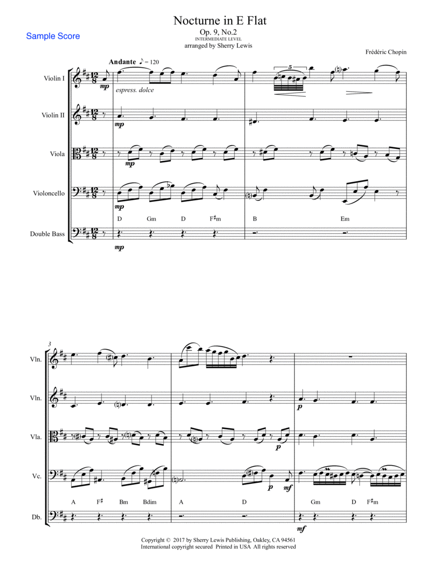 NOCTURNE, Opus 9 no. 2, Chopin, String Orchestra for 2 violins, viola, cello and string bass chords