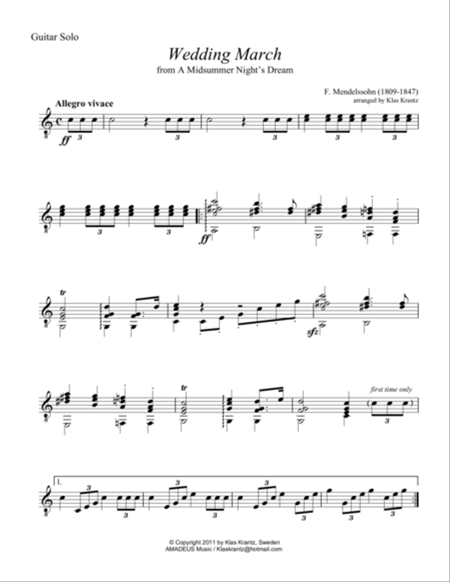 Wedding March for guitar solo Acoustic Guitar scores gallery preview page 1