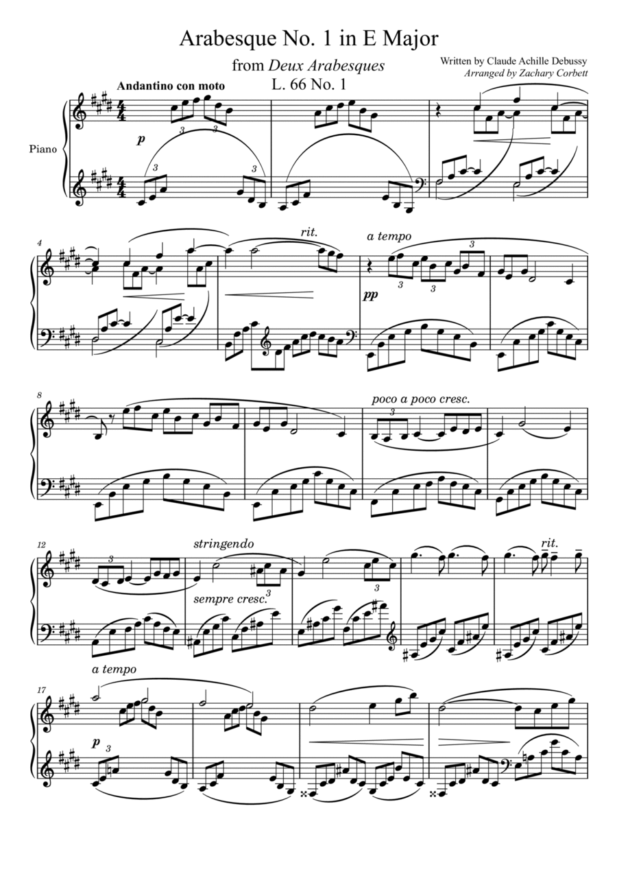 Arabesque L. 66 No. 1 in E Major Piano Solo scores gallery preview page 1
