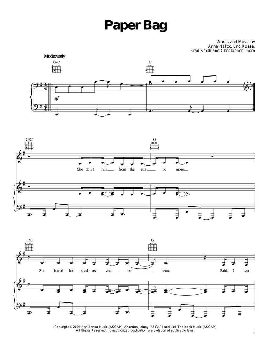 Paper Bag Paper Bag Piano, Vocal, Guitar scores gallery preview page 1