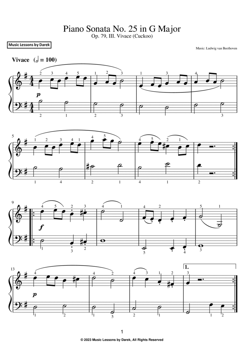 Piano Sonata No. 25 in G Major (EASY PIANO) Op. 79, III. Vivace (Cuckoo) [Ludwig van Beethoven] image number null