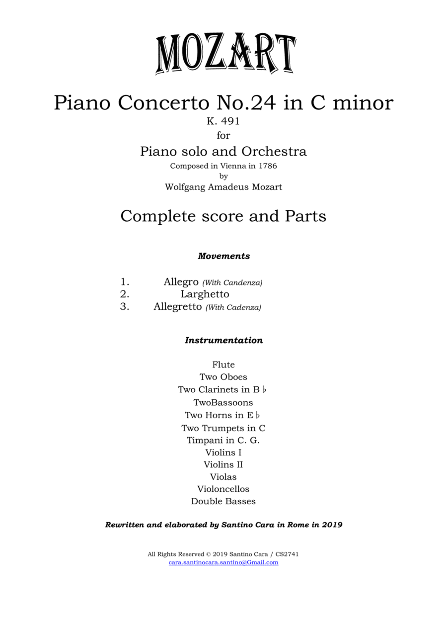 Mozart - Piano Concerto No.24 in C minor K 491 for Piano and Orchestra - Score and Parts Chamber Orchestra scores gallery preview page 1