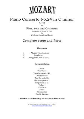 Mozart - Piano Concerto No.24 in C minor K 491 for Piano and Orchestra - Score and Parts