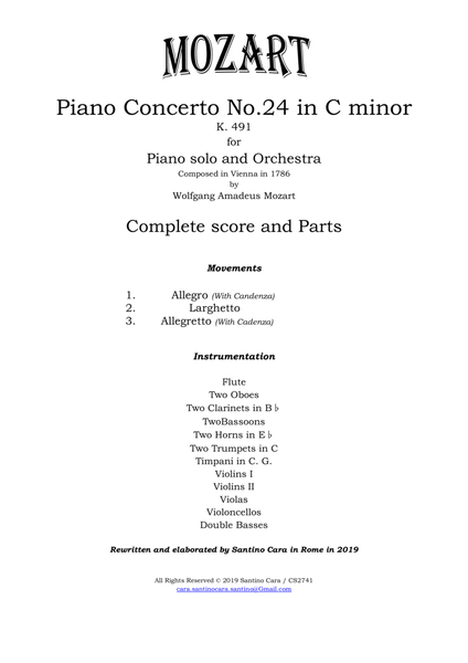 Mozart - Piano Concerto No.24 in C minor K 491 for Piano and Orchestra - Score and Parts image number null