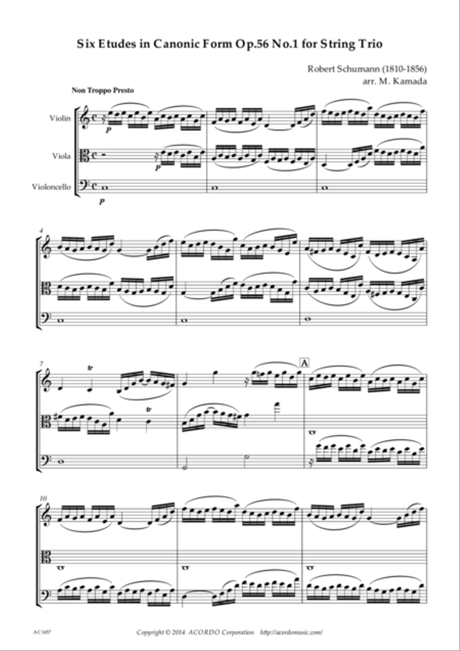 Six Etudes in Canonic Form Op.56 No.1 for String Trio String Trio scores gallery preview page 1