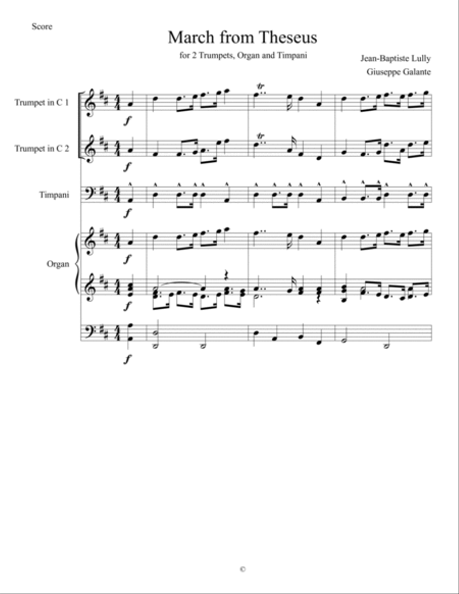 Jean-Baptiste Lully: March from Theseus in D Major for 2 Trumpets, Organ and Timpani Trumpet Duet scores gallery preview page 2