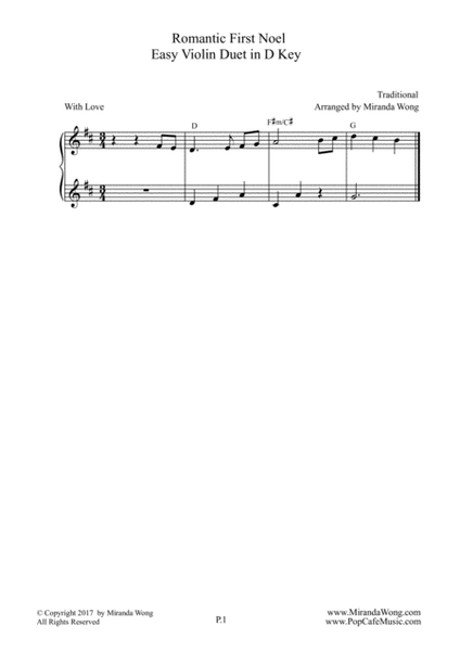Romantic First Noel - Violin Duet in D Key (With Chords) image number null