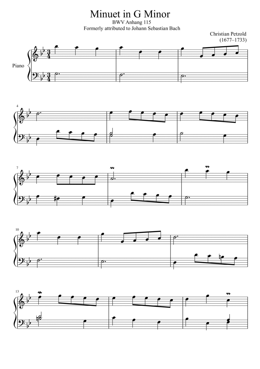 Minuet BWV Anhang 115 in G Minor -For Easy Piano - Christian Pezold Easy Piano scores gallery preview page 1