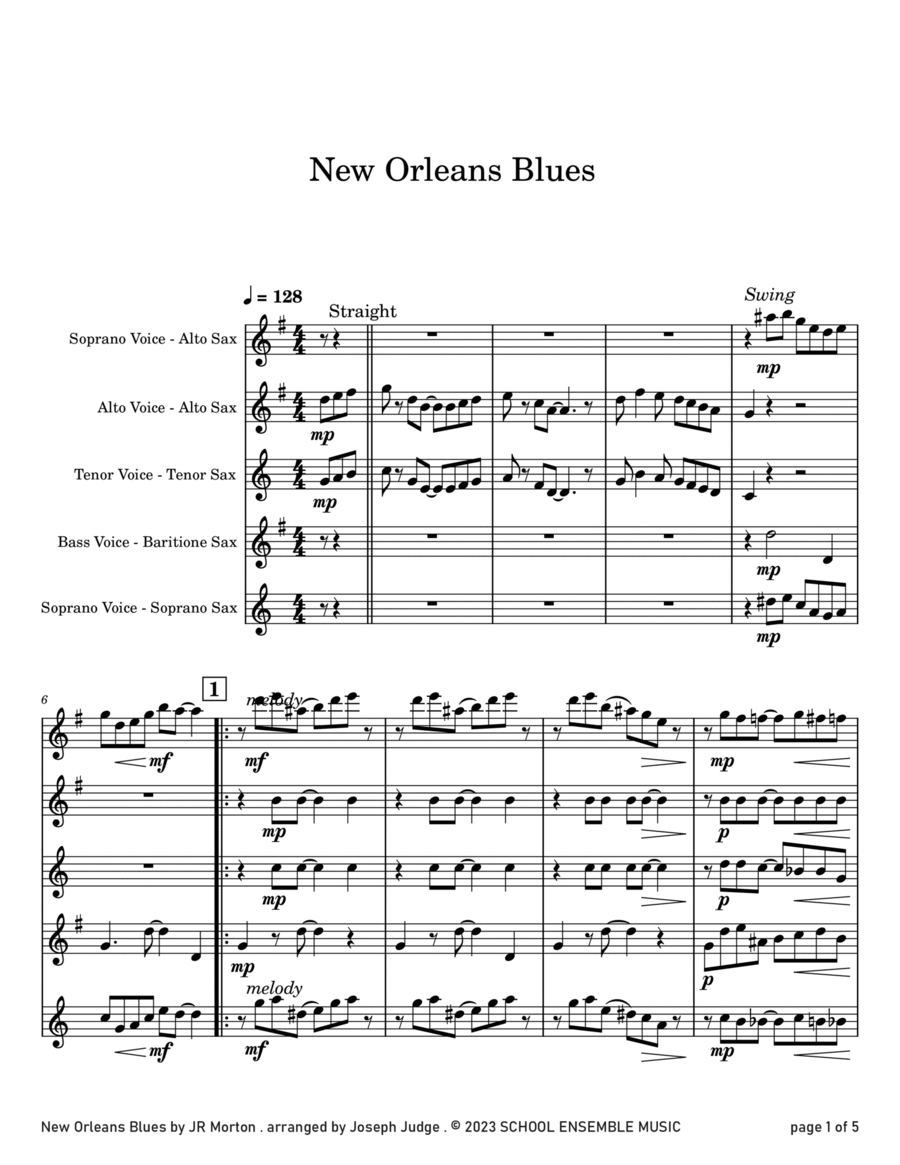 New Orleans Blues by JR Morton for Saxophone Quartet in Schools Saxophone Quartet scores gallery preview page 1