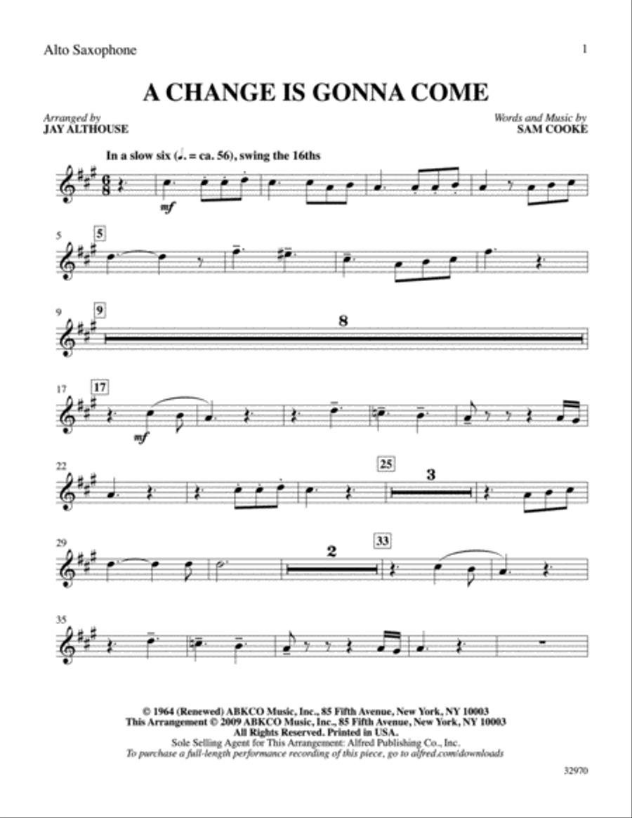 A Change Is Gonna Come: E-flat Alto Saxophone Alto Saxophone scores gallery preview page 1